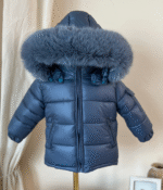 Kids Puffer Jacket with Oversized detachable Faux Fur Hood-Navy Blue - Image 3