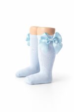EvaBella Baby Blue Double Satin Bow Knee-High Socks-OEKO-TEX® Standard 100 Certified-EB-9506 Baby Blue