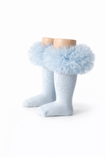 EvaBella Baby Blue Tutu Socks – Tulle Ruffle Frilled Trim Knee-High Socks-Plain Knit- OEKO-TEX® Standard 100 Certified-EB-9505 Baby Blue