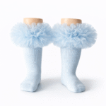 EvaBella Baby Blue Tutu Socks – Tulle Ruffle Frilled Trim Knee-High Socks-Plain Knit- OEKO-TEX® Standard 100 Certified-EB-9505 Baby Blue - Image 2