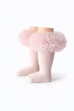 EvaBella Baby pink Tutu Socks – Tulle Ruffle Frill Trim Knee-High Socks-Plain Knit- OEKO-TEX® Standard 100 Certified-EB-9505 Baby Pink