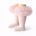 EvaBella Baby pink Tutu Socks – Tulle Ruffle Frill Trim Knee-High Socks-Plain Knit- OEKO-TEX® Standard 100 Certified-EB-9505 Baby Pink