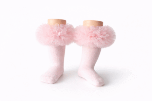 EvaBella Baby pink Tutu Socks – Tulle Ruffle Frill Trim Knee-High Socks-Plain Knit- OEKO-TEX® Standard 100 Certified-EB-9505 Baby Pink - Image 2