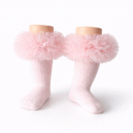 EvaBella Baby pink Tutu Socks – Tulle Ruffle Frill Trim Knee-High Socks-Plain Knit- OEKO-TEX® Standard 100 Certified-EB-9505 Baby Pink - Image 2