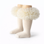 EvaBella Cream Tutu Socks – Tulle Ruffle Frilled Trim Knee-High Socks-Plain Knit- OEKO-TEX® Standard 100 Certified-EB-9505 Cream