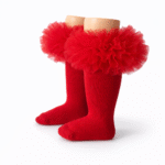 EvaBella Red Tutu Socks – Tulle Ruffle Frilled Trim Knee-High Socks-Plain Knit- OEKO-TEX® Standard 100 Certified-EB-9505 Red