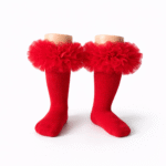 EvaBella Red Tutu Socks – Tulle Ruffle Frilled Trim Knee-High Socks-Plain Knit- OEKO-TEX® Standard 100 Certified-EB-9505 Red - Image 2