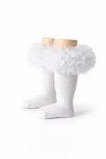 EvaBella White Tutu Socks – Tulle Ruffle Frilled Trim Knee-High Socks-Plain Knit- OEKO-TEX® Standard 100 Certified-EB-9505 White