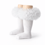 EvaBella White Tutu Socks – Tulle Ruffle Frilled Trim Knee-High Socks-Plain Knit- OEKO-TEX® Standard 100 Certified-EB-9505 White