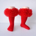 EvaBella Red Tutu Socks – Tulle Ruffle Frilled Trim Knee-High Socks-Plain Knit- OEKO-TEX® Standard 100 Certified-EB-9505 Red - Image 3