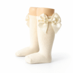 EvaBella Cream Double Satin Bow Knee-High Socks OEKO-TEX® Standard 100 Certified-EB-9506 Cream