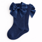 EvaBella Navy Blue Double Satin Bow Knee-High Socks OEKO-TEX® Standard 100 Certified-EB-9506 Navy Blue - Image 2