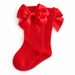 EvaBella Red Double Satin Bow Knee-High Socks OEKO-TEX® Standard 100 Certified-EB-9506 Red - Image 2