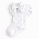 EvaBella White Double Satin Bow Knee-High Socks OEKO-TEX® Standard 100 Certified-EB-9506 White - Image 2