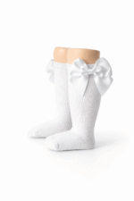 EvaBella White Double Satin Bow Knee-High Socks OEKO-TEX® Standard 100 Certified-EB-9506 White