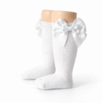 EvaBella White Double Satin Bow Knee-High Socks OEKO-TEX® Standard 100 Certified-EB-9506 White