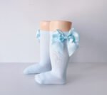 EvaBella Baby Blue Double Satin Bow Knee-High Socks-OEKO-TEX® Standard 100 Certified-EB-9506 Baby Blue - Image 3