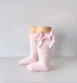 EvaBella Baby Pink Double Satin Bow Knee-High Socks-OEKO-TEX® Standard 100 Certified-EB-9506 Baby Pink - Image 3