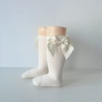EvaBella Cream Double Satin Bow Knee-High Socks OEKO-TEX® Standard 100 Certified-EB-9506 Cream - Image 3