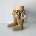 EvaBella Irish Cream Double Satin Bow Knee-High Socks OEKO-TEX® Standard 100 Certified-EB-9506 Irish Cream - Image 3
