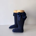 EvaBella Navy Blue Double Satin Bow Knee-High Socks OEKO-TEX® Standard 100 Certified-EB-9506 Navy Blue - Image 3