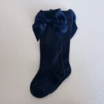 EvaBella Navy Blue Double Satin Bow Knee-High Socks OEKO-TEX® Standard 100 Certified-EB-9506 Navy Blue - Image 4