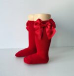 EvaBella Red Double Satin Bow Knee-High Socks OEKO-TEX® Standard 100 Certified-EB-9506 Red - Image 3