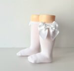 EvaBella White Double Satin Bow Knee-High Socks OEKO-TEX® Standard 100 Certified-EB-9506 White - Image 3