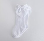 EvaBella White Double Satin Bow Knee-High Socks OEKO-TEX® Standard 100 Certified-EB-9506 White - Image 4
