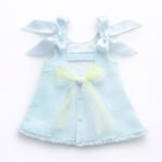 EvaBella A-Line Open Back Dress – Pastel Yellow – Blue Satin Shoulder Bows-– Soft Textured Tweed-Effect Knit – Tweed Trim Detail-EBSS06 Baby Blue - Image 2