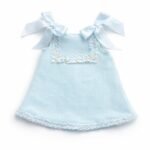 EvaBella A-Line Open Back Dress – Pastel Yellow – Blue Satin Shoulder Bows-– Soft Textured Tweed-Effect Knit – Tweed Trim Detail-EBSS06 Baby Blue