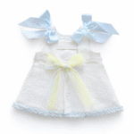 EvaBella A-Line Open Back Dress – White Metallic Tweed Fabric -Blue Embroidery Details – Satin Shoulder Bows – EBSS07 Baby Blue - Image 2