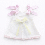 EvaBella A-Line Open Back Dress – White Metallic Tweed Fabric -Pink Embroidery Details – Satin Shoulder Bows – EBSS07 Baby Pink - Image 2