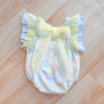 EvaBella Pastel Floral Open Back Romper – Baby Blue – Frilly Tulle Shoulders – Tweed Trim Detail-EBSS01 - Image 4