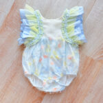 EvaBella Pastel Floral Open Back Romper – Baby Blue – Frilly Tulle Shoulders – Tweed Trim Detail-EBSS01 - Image 3