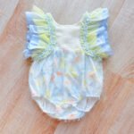 EvaBella Pastel Floral Open Back Romper – Baby Blue – Frilly Tulle Shoulders – Tweed Trim Detail-EBSS01 - Image 3