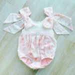 EvaBella Pastel Floral Open Back Romper – Baby Pink – Oversized Shoulder Bows – Tutu Chest Detail with Shimmer Tweed Trim-EBSS02 - Image 3