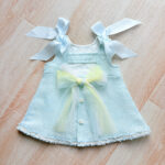 EvaBella A-Line Open Back Dress – Pastel Yellow – Blue Satin Shoulder Bows-– Soft Textured Tweed-Effect Knit – Tweed Trim Detail-EBSS06 Baby Blue - Image 4