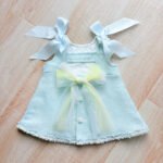 EvaBella A-Line Open Back Dress – Pastel Yellow – Blue Satin Shoulder Bows-– Soft Textured Tweed-Effect Knit – Tweed Trim Detail-EBSS06 Baby Blue - Image 4