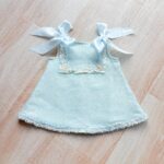 EvaBella A-Line Open Back Dress – Pastel Yellow – Blue Satin Shoulder Bows-– Soft Textured Tweed-Effect Knit – Tweed Trim Detail-EBSS06 Baby Blue - Image 3