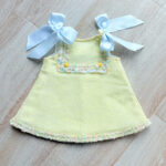EvaBella A-Line Open Back Dress – Pastel Yellow – Blue Satin Shoulder Bows-– Soft Textured Tweed-Effect Knit – Tweed Trim Detail-EBSS06 Pastel Yellow - Image 3