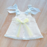 EvaBella A-Line Open Back Dress – White Metallic Tweed Fabric -Blue Embroidery Details – Satin Shoulder Bows – EBSS07 Baby Blue - Image 4