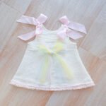 EvaBella A-Line Open Back Dress – White Metallic Tweed Fabric -Pink Embroidery Details – Satin Shoulder Bows – EBSS07 Baby Pink - Image 4