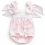 EvaBella Pastel Floral Open Back Romper – Baby Pink – Oversized Shoulder Bows – Tutu Chest Detail with Shimmer Tweed Trim-EBSS02