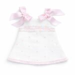 EvaBella A-Line Open Back Dress – White Metallic Tweed Fabric -Pink Embroidery Details – Satin Shoulder Bows – EBSS07 Baby Pink