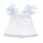 EvaBella A-Line Open Back Dress – White Metallic Tweed Fabric -Blue Embroidery Details – Satin Shoulder Bows – EBSS07 Baby Blue