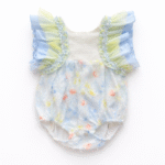 EvaBella Pastel Floral Open Back Romper – Baby Blue – Frilly Tulle Shoulders – Tweed Trim Detail-EBSS01