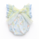 EvaBella Pastel Floral Open Back Romper – Baby Blue – Frilly Tulle Shoulders – Tweed Trim Detail-EBSS01 - Image 2