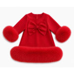 Pre-Order | Limited Stock | EvaBella Signature Oversized Bow & Faux Fur Trim A-Line Dress | EB-C-06 | Red  | Due 3rd Week of September - Image 2